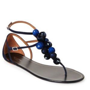 Aquazzura Blue Disco Sequined-pompom Suede Sandal